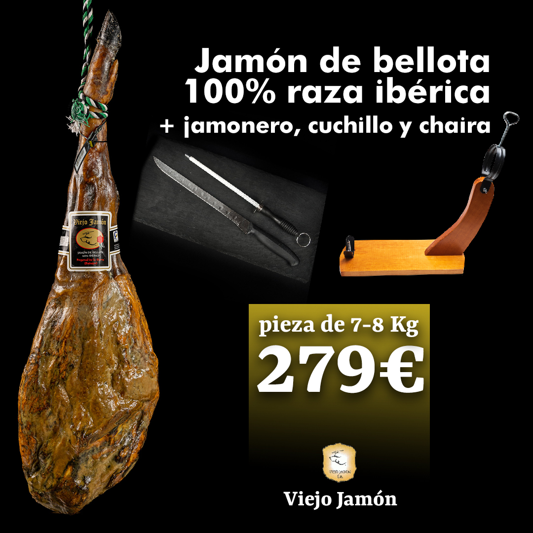 Jamón de bellota 100% raza ibérica, jamonero, cuchillo y chaira - Viejo  Jamón